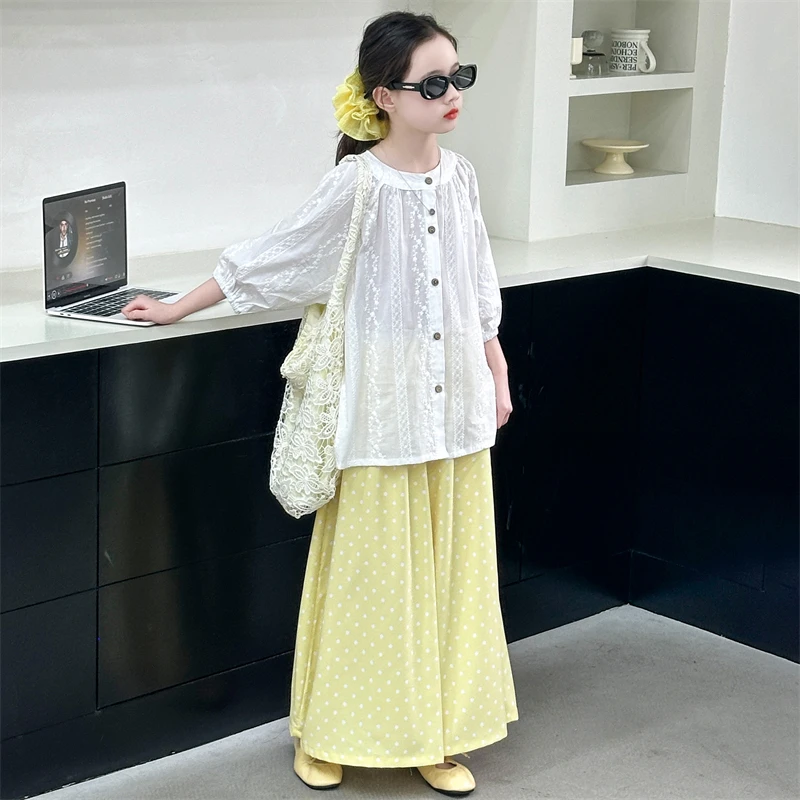 女童2025夏季新款刺绣衬衫设计感小众短袖上衣波点阔腿裤两件套潮
