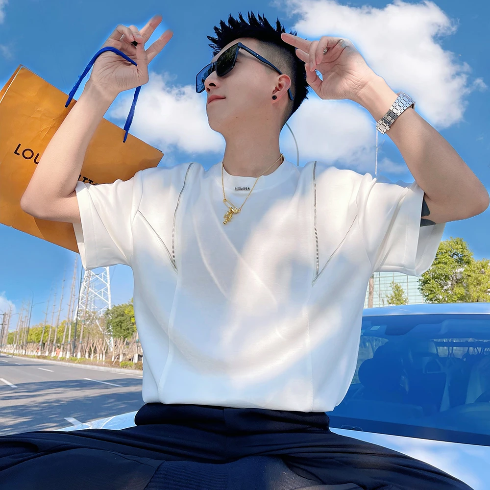 夏季重磅短袖男拉链设计感T恤潮流休闲半袖上衣2025新款潮牌体恤t