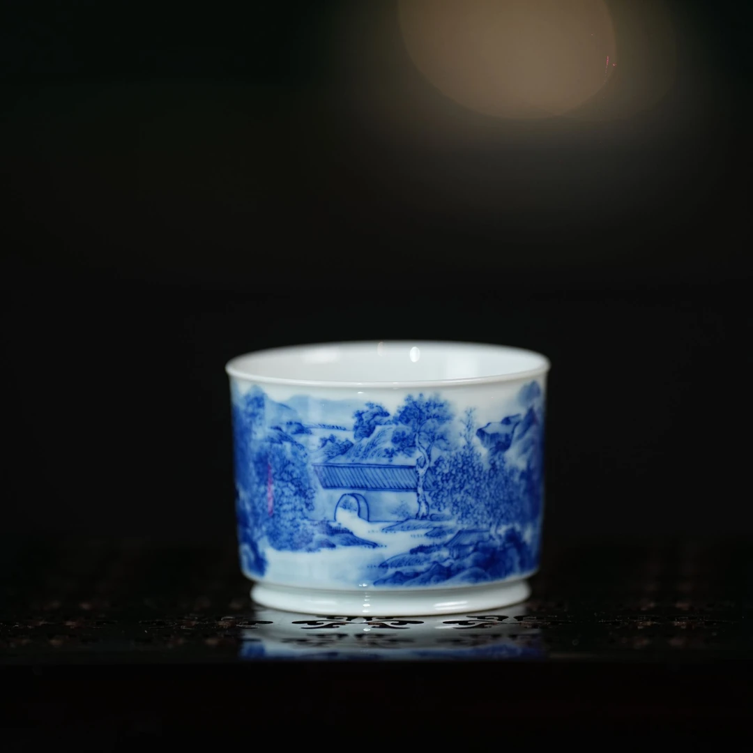 占春生窑丨山水直筒杯主人杯80ML景德镇瓷器单杯手绘复古茶杯茶具