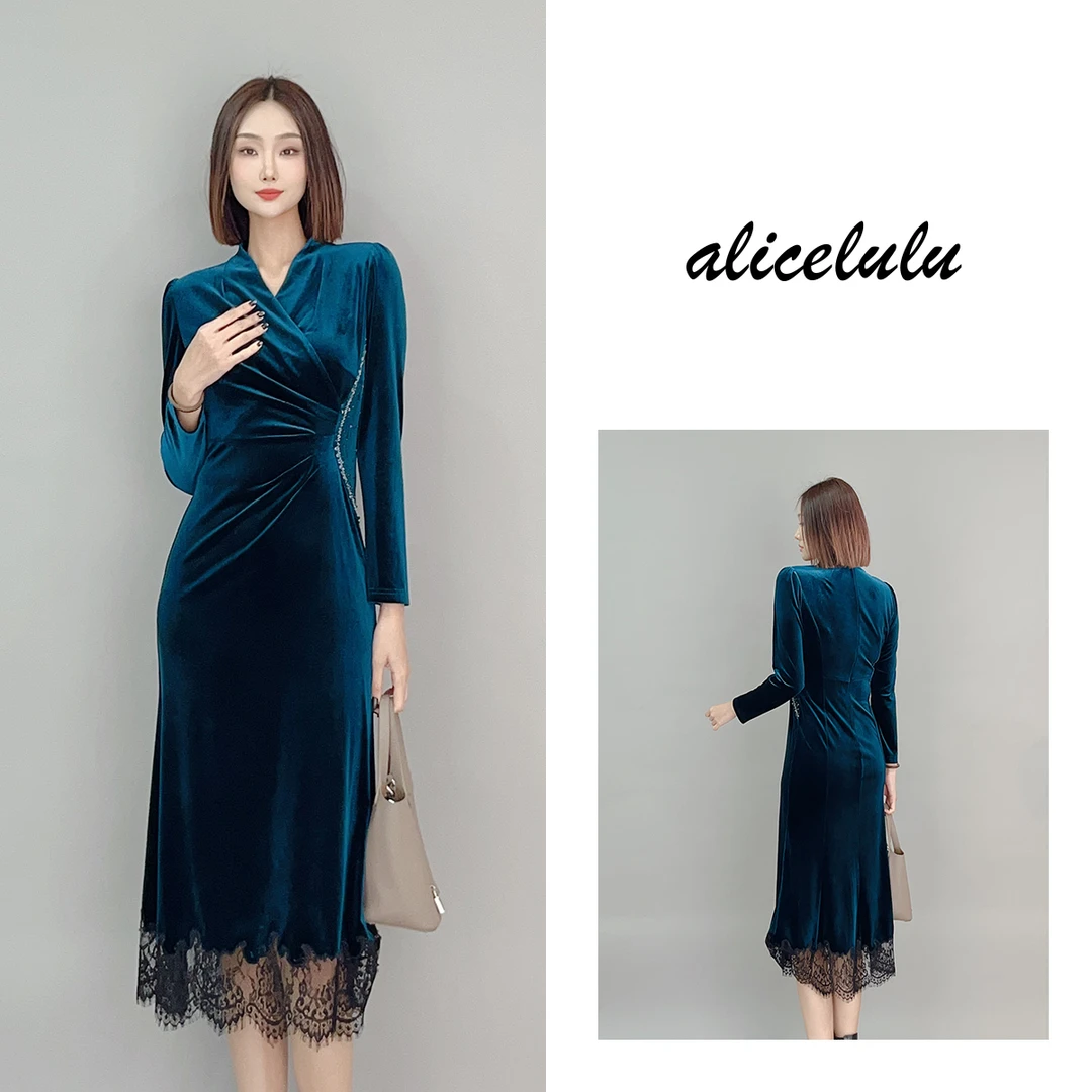 6 ALICE “孔雀蓝”连衣裙 丝绒烫钻 时髦礼服 S2141491W