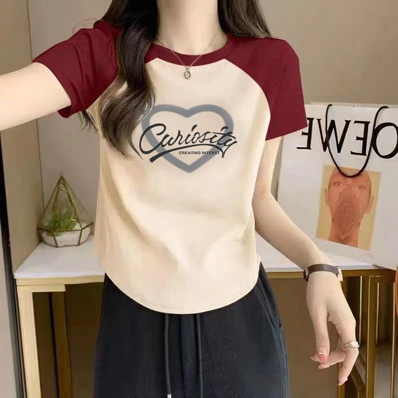大码女装不规则圆弧下摆显瘦短袖T恤女士夏季撞色加宽加大女装