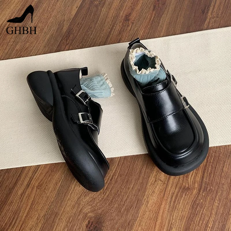 黑色乐福鞋女厚底大头丑萌鞋2025新款学院风复古JK制服小皮鞋增高