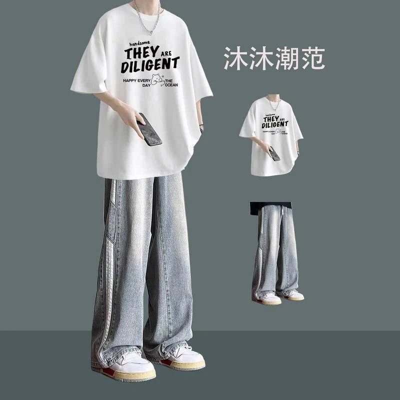 夏季男生短袖T恤套装搭配牛仔裤休闲男装潮男潮牌时尚显高两件套