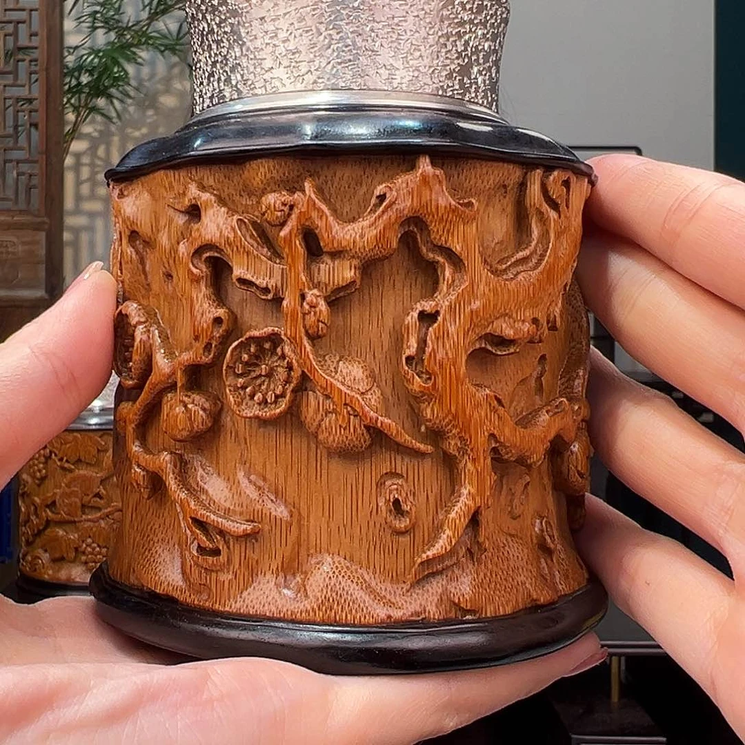 竹竹雕梅花茶叶罐