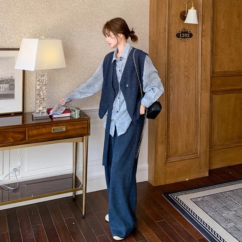 韩剧穿搭马甲衬衫阔腿裤套装女春季2025超火减龄盐系高级感三件套