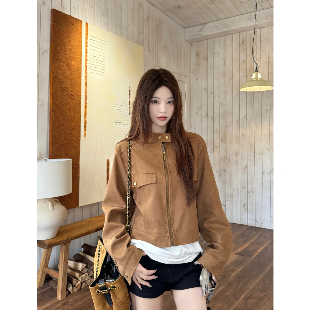 美德拉复古咖色立领长袖外套女装秋季麂皮绒夹克宽松气质开衫上衣