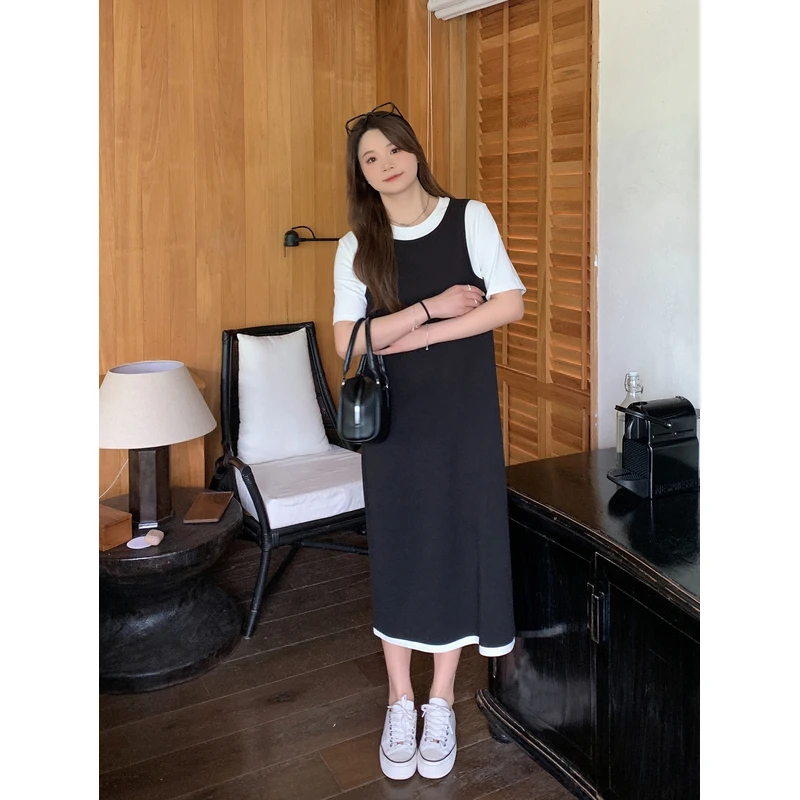 【ALINDM年终大清仓】胖mm显瘦遮肉200斤拼接假两件连衣裙XG7105