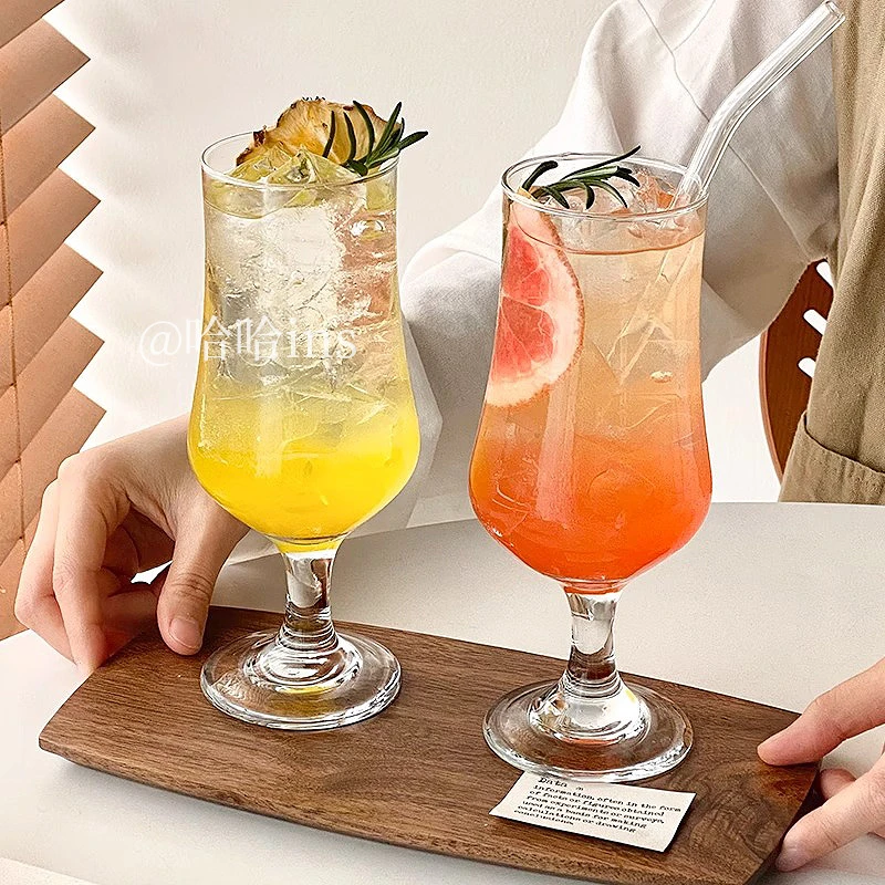 高脚玻璃饮品杯子果汁杯奶茶杯冷饮料杯杯果茶杯高颜值酒杯女士