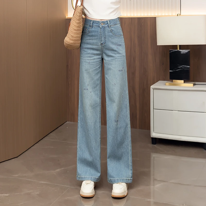 蓝色阔腿牛仔裤女士夏季薄款2025新款高腰宽松垂感刺绣窄版直筒裤