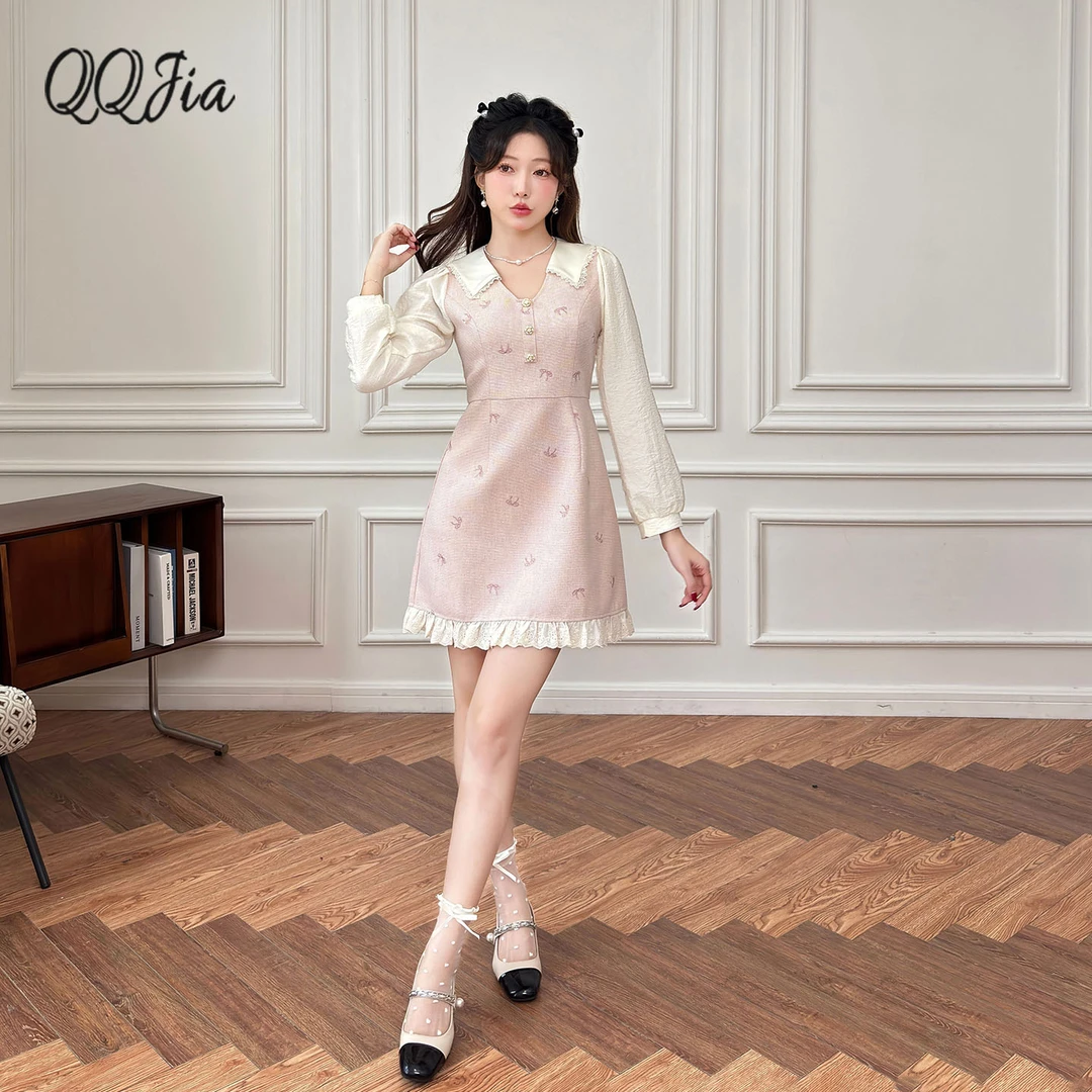 1100丘丘家小香风粉色V领长袖连衣裙女秋江浙沪千金蕾丝花边A字裙