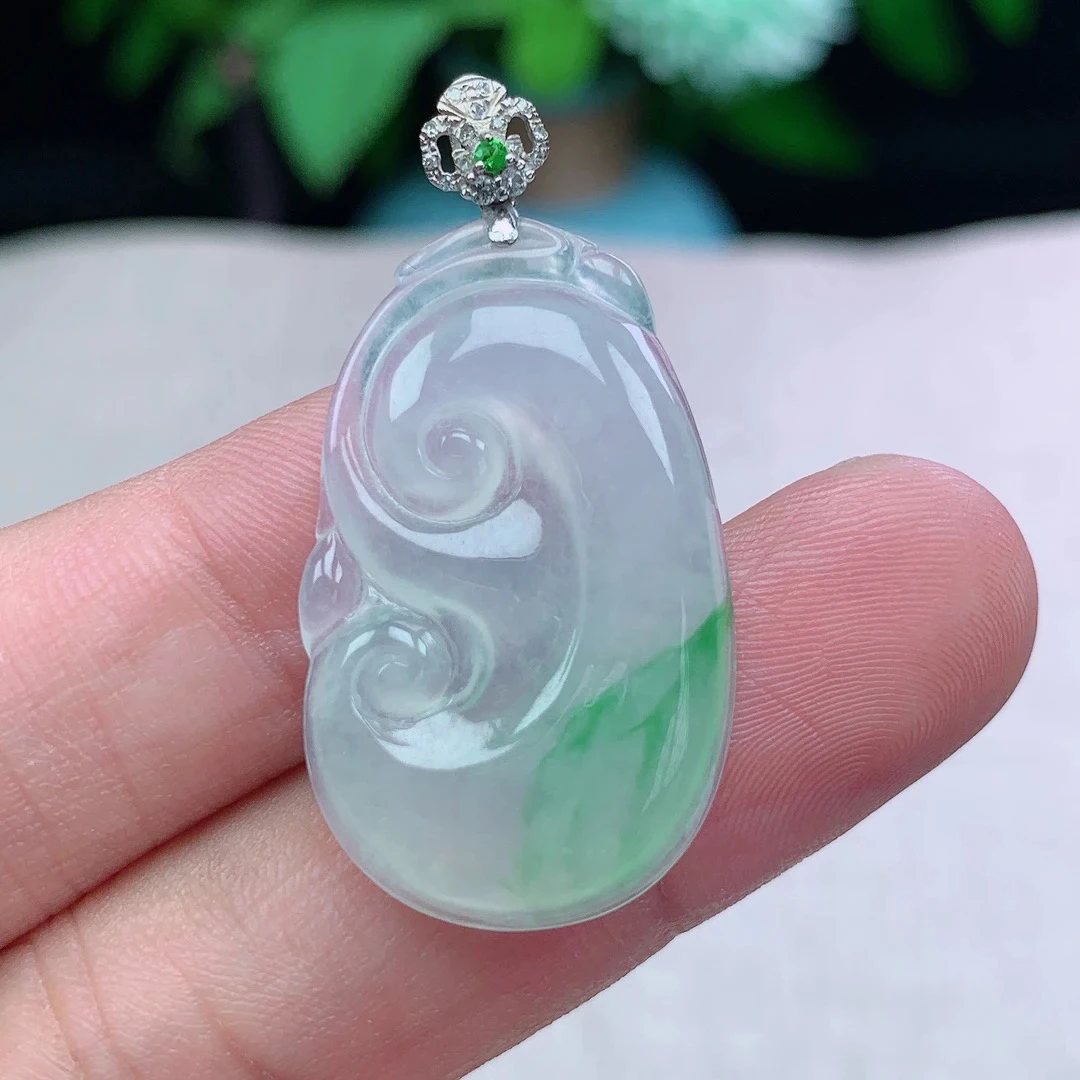 缅甸天然翡翠A货32-19.6-4玉石老坑冰种飘阳绿如意吊坠冰透百搭