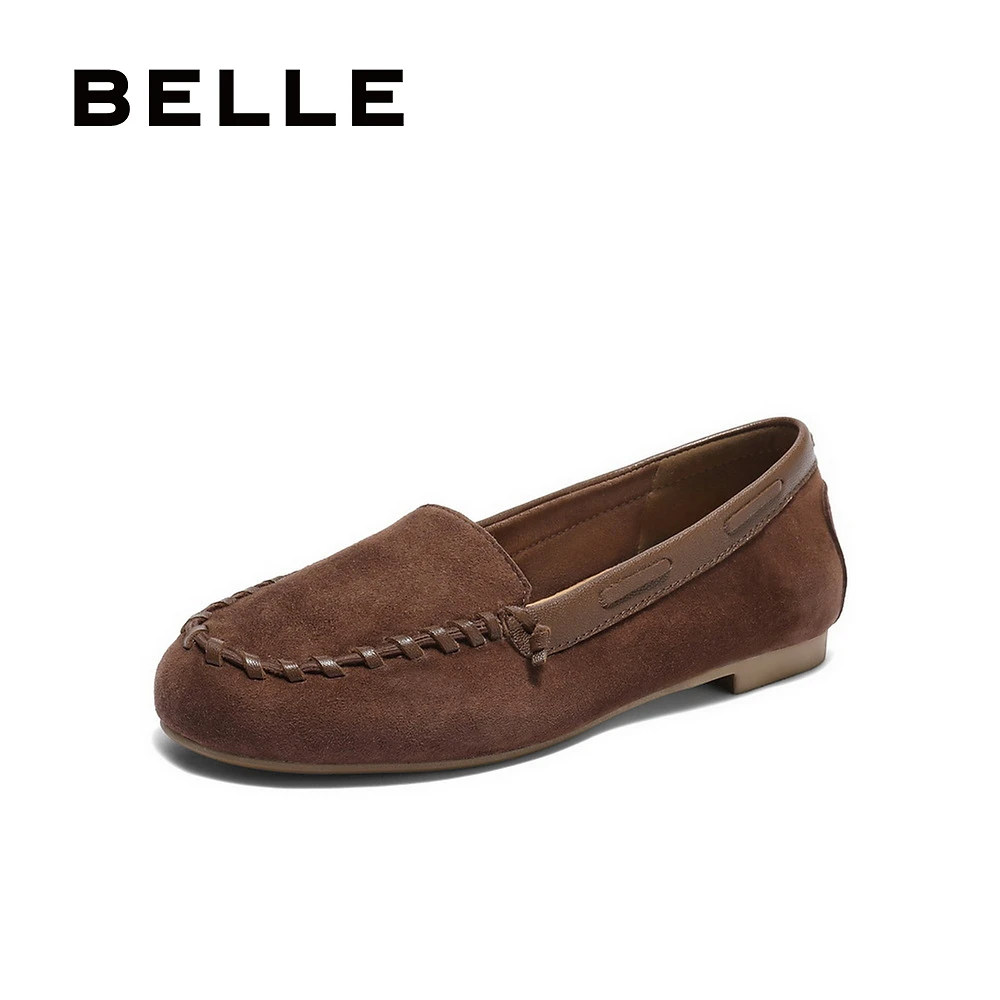 百丽复古绒感乐福鞋女2025秋新真皮舒适薄底便士乐福鞋B2698CA5