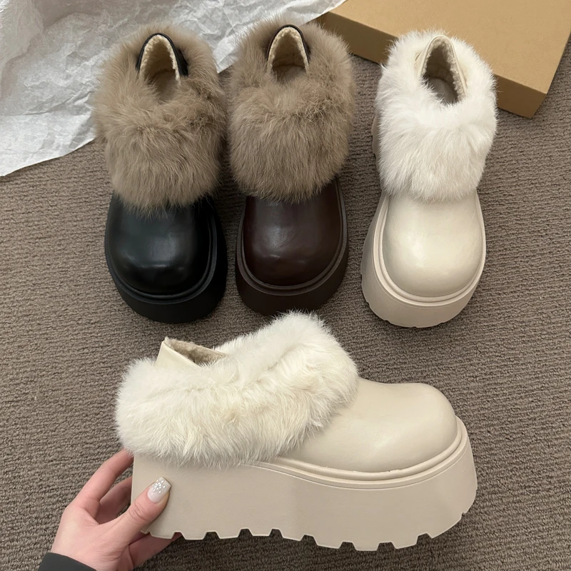 复古加绒两穿皮面勃肯鞋女2025新款冬季保暖厚底毛毛鞋雪地棉鞋子