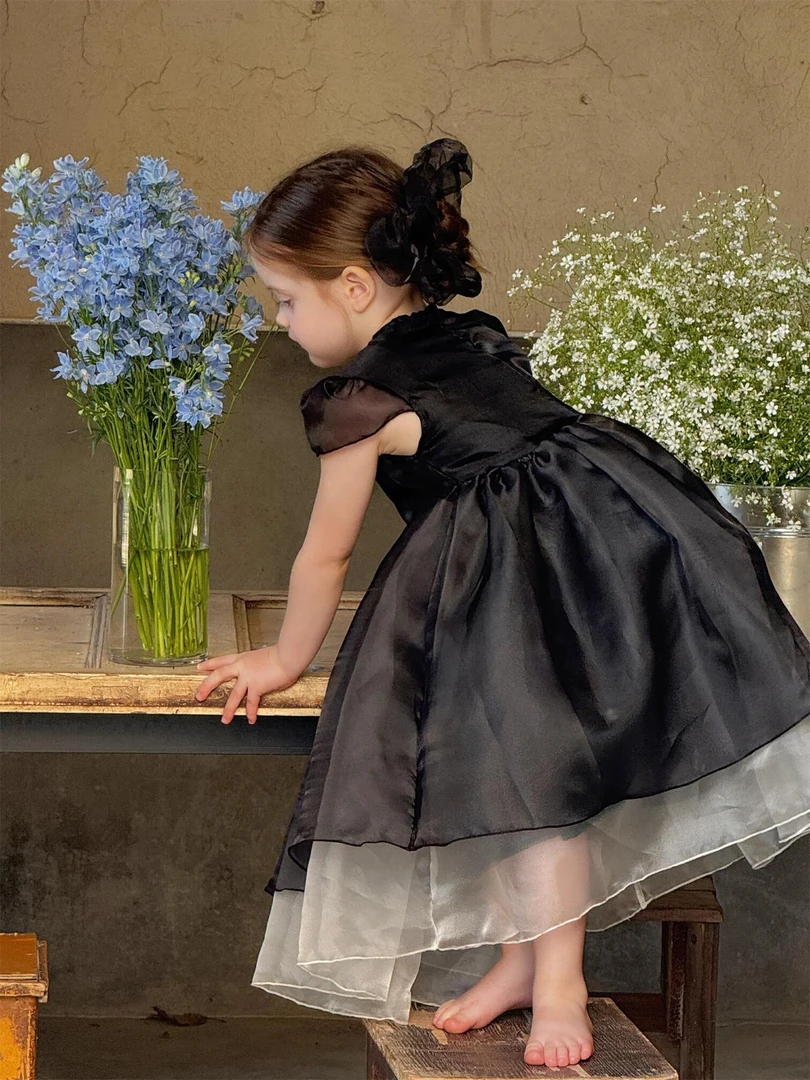 韩系童装2025夏季新款女童连衣裙薄款网纱裙纯色短袖公主裙