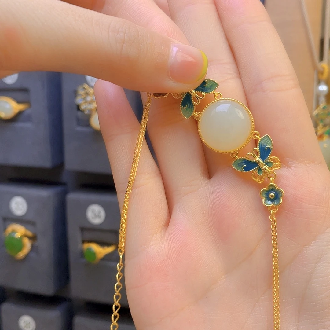 和田玉手链银S925镀金镶嵌