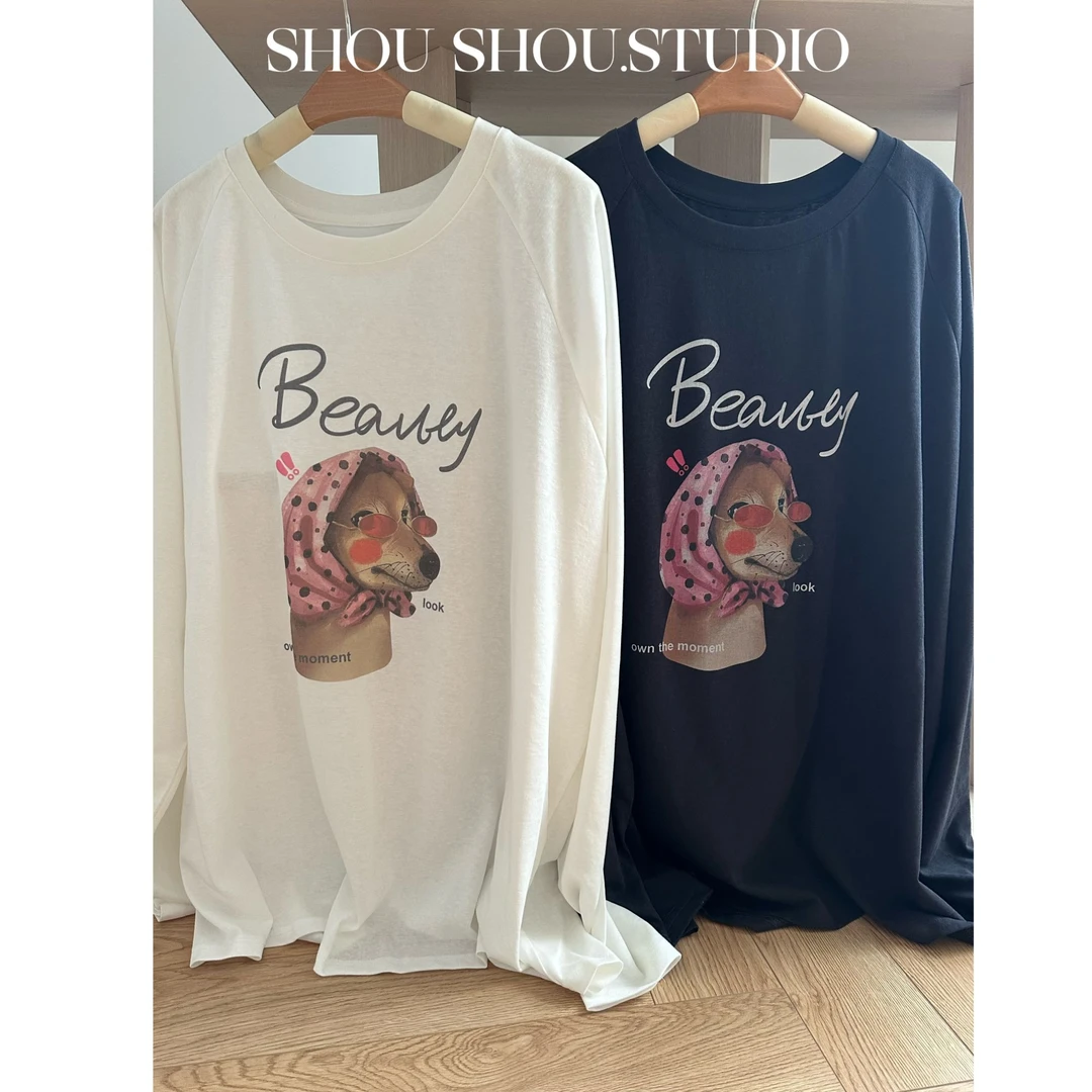 【瘦瘦】高冷小狗-大码秋季插肩袖印花休闲百搭显瘦长袖上衣S01910