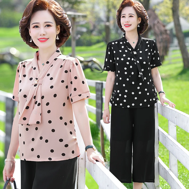 中年妈妈2025夏装新款洋气短袖上衣40岁中老年女夏季雪纺小衫套装