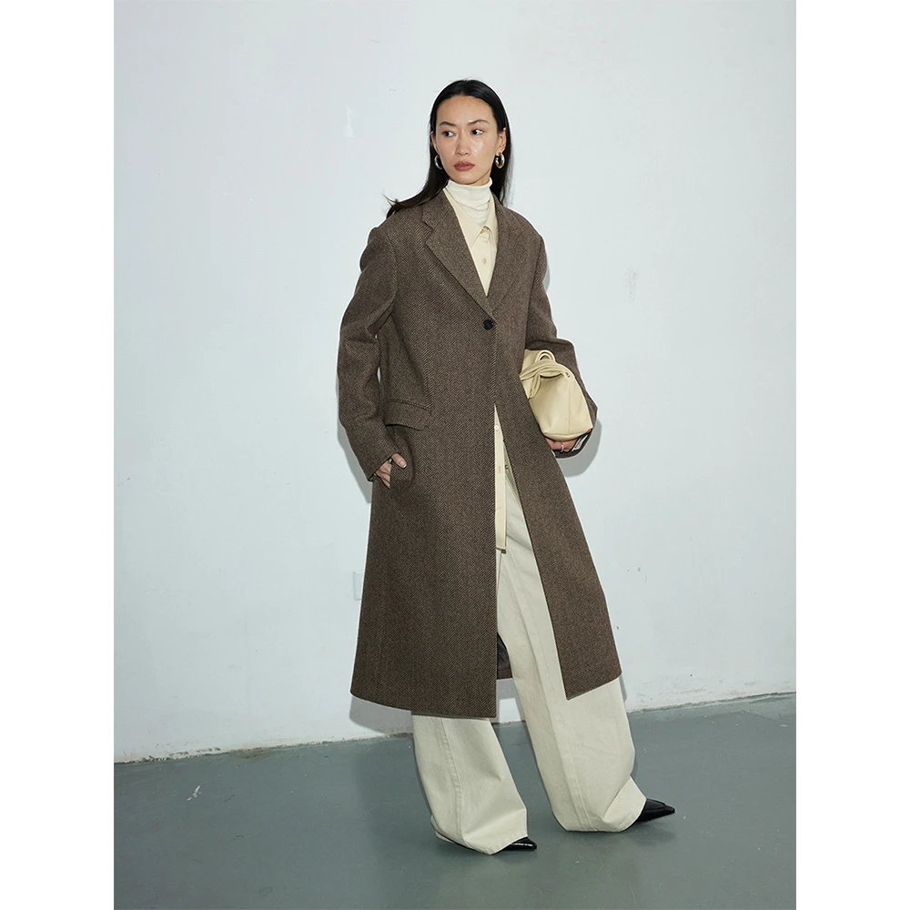 RandomPiece冬新款 翻驳领人字纹 直身长款廓形西装外套女