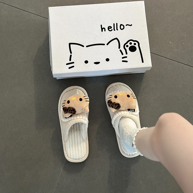 时尚卡通甜美小猫毛绒包头拖鞋女2025冬季新款百搭舒适可爱棉拖鞋