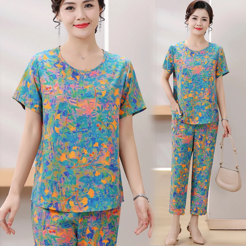 [上衣+裤子]套装2025新款薄款绵绸大码时尚休闲夏季宽松显瘦洋气