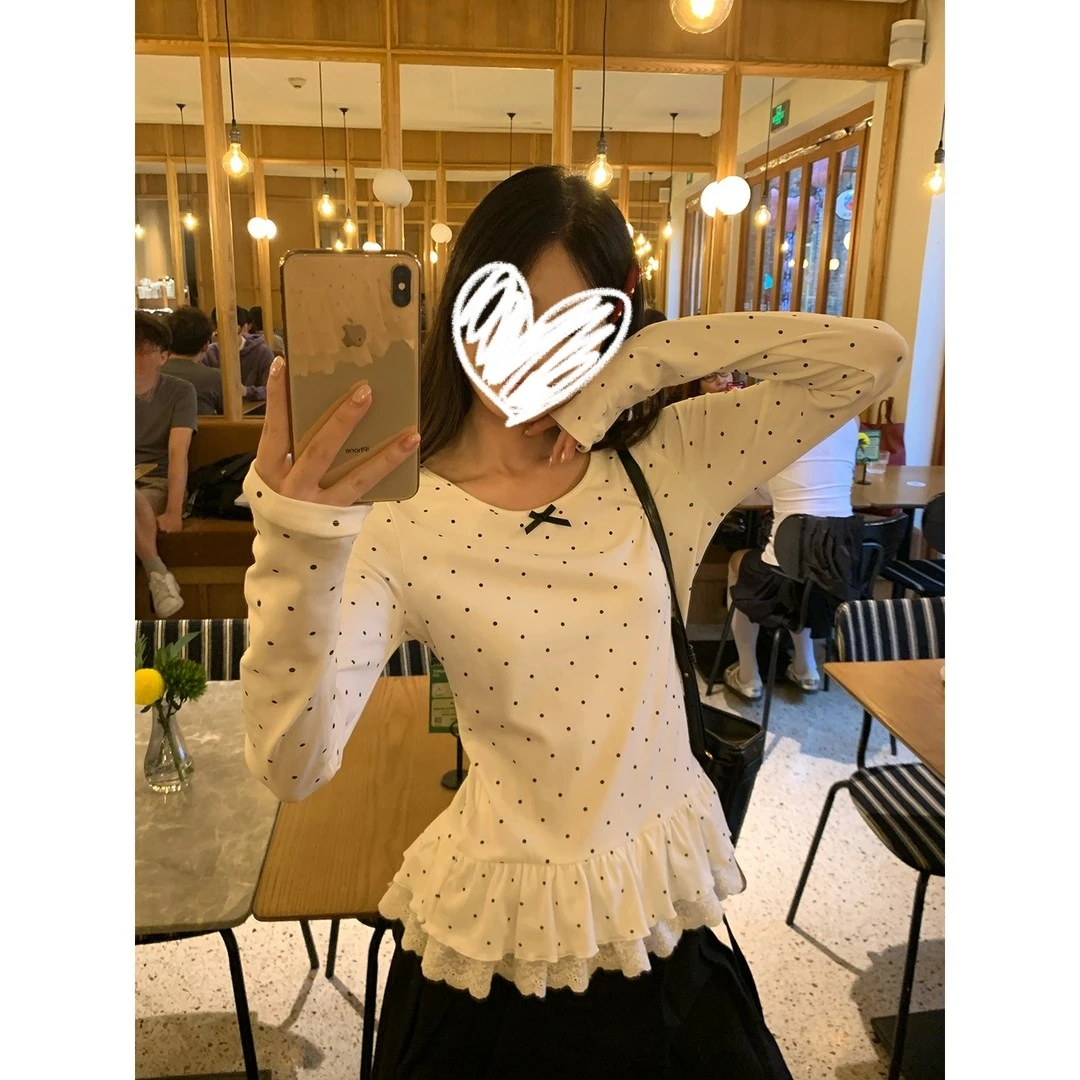 【斐丽轩】波点元素小蝴蝶结花边长袖t恤女秋冬显瘦修身打底衫上衣