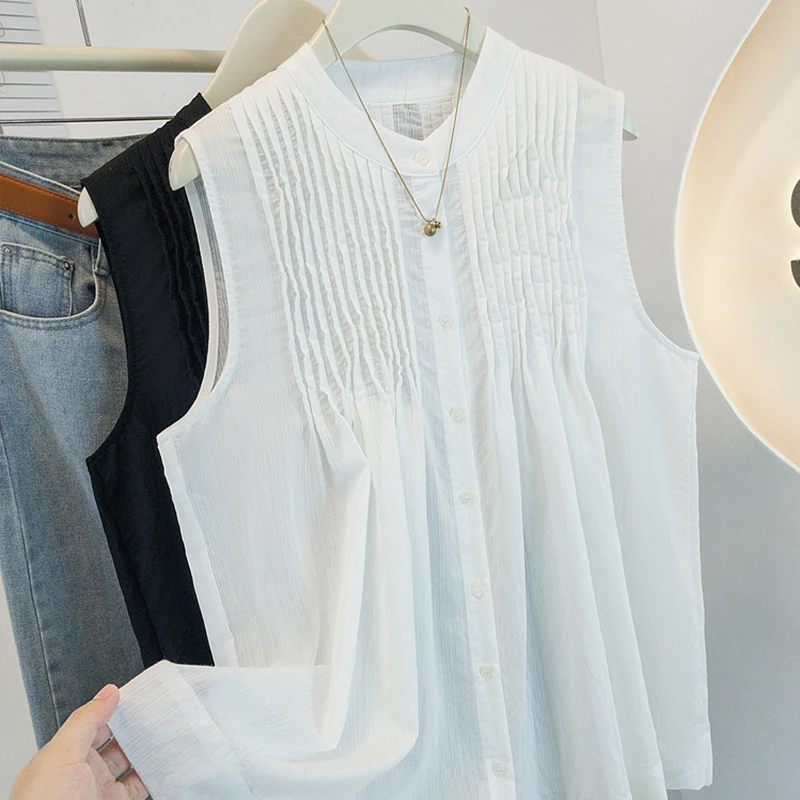 好听鸭高级感白色雪纺衬衫女2025夏季新款微胖mm无袖娃娃衫背心上