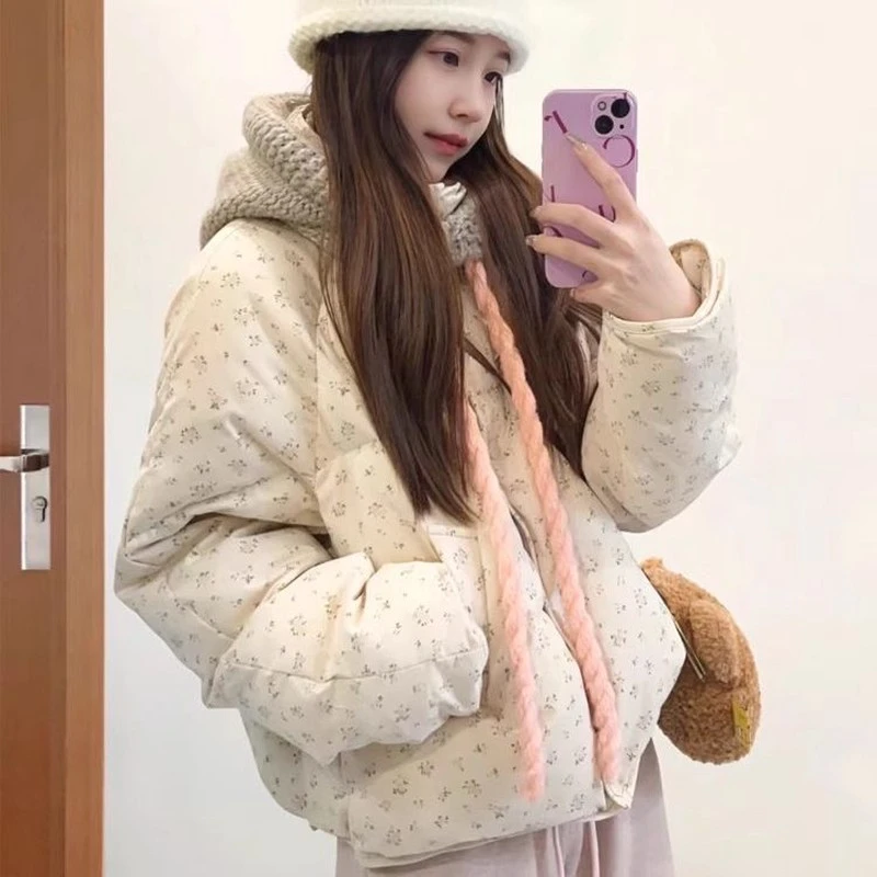 潮牌高端保暖碎花棉服短款冬季新款甜美棉袄小个子立领外套棉衣女