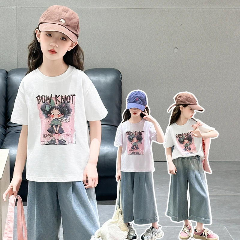 女童夏季短袖套装卡通T恤上衣八分裤休闲洋气女中大童儿童两件套
