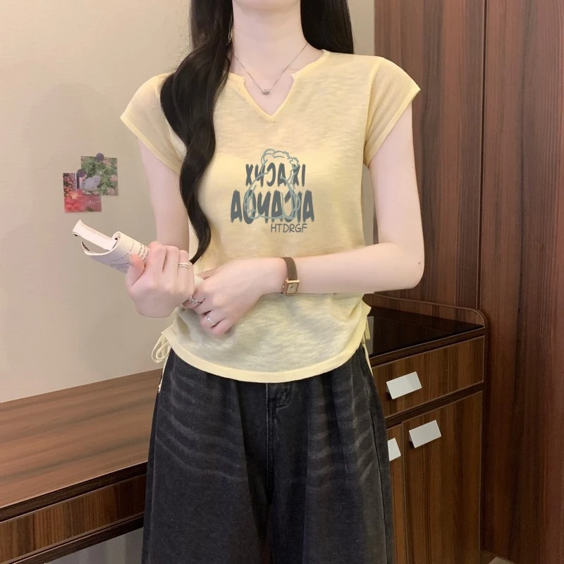 黄色冰丝短袖t恤女2025新款夏季竹节麻上衣高级感小众不撞款小衫