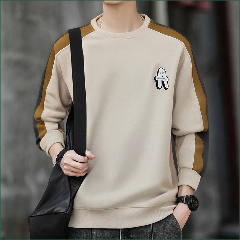 2025新款拼接长袖t恤春秋季刺绣时尚潮流男装圆领卫衣潮流打底衫