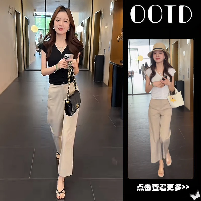 超火夏季穿搭一整套2025新款韩版黑色飞飞袖T恤百搭休闲裤两件套