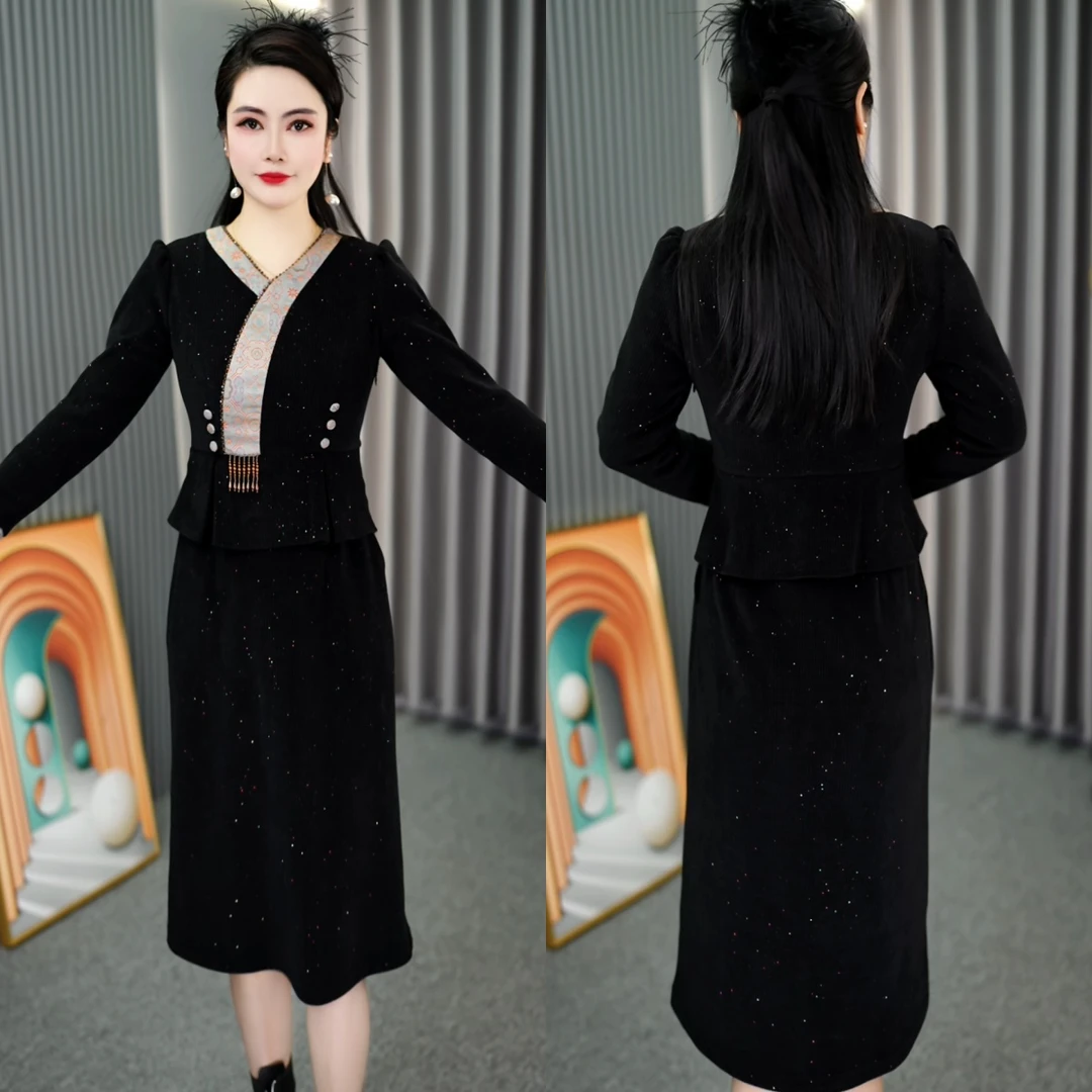 2025年春季新中式时尚气质收腰显瘦加厚中长款假两件连衣裙M-4XL