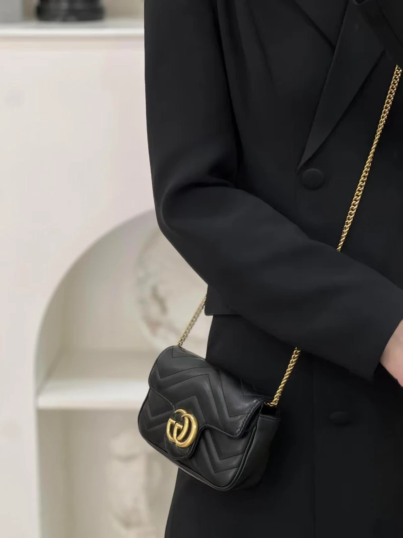 95新 GUCCI/古驰 marmont mini 黑金包/严选