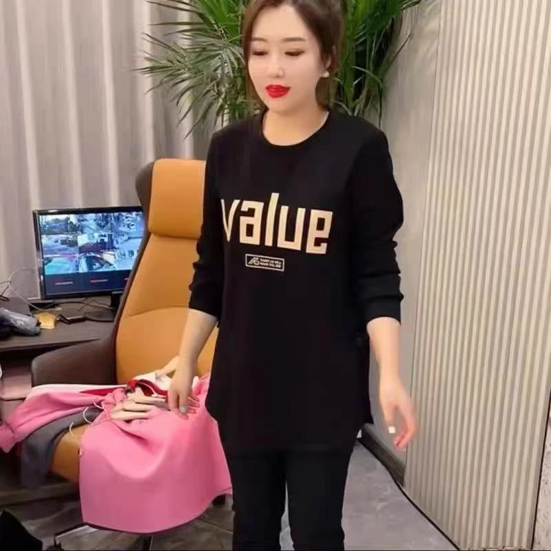 新款韩版时尚百搭圆领印花字母侧开衩显瘦女士卫衣百搭  013