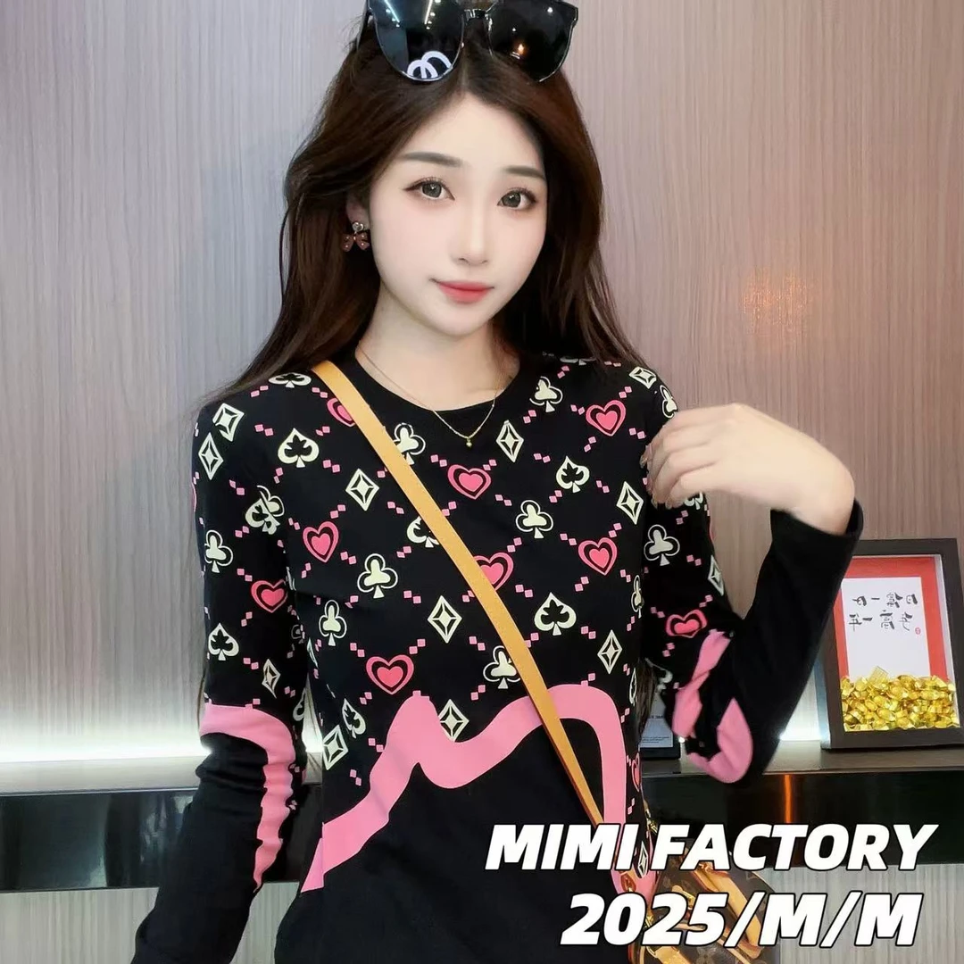 芈芈-2025新款长袖 欧货满印长袖T恤女修身显瘦休闲时尚百搭XCTQ