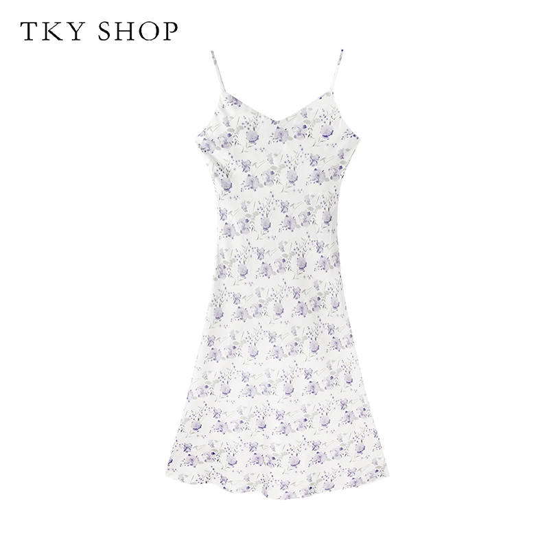 TKYSHOP紫色碎花吊带连衣裙春温柔气质收腰长裙V领淑10G1KB02Z178