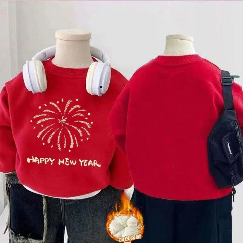 新款新年红色喜庆烟花印花拜年服中大小男女儿童加绒加厚百搭卫衣
