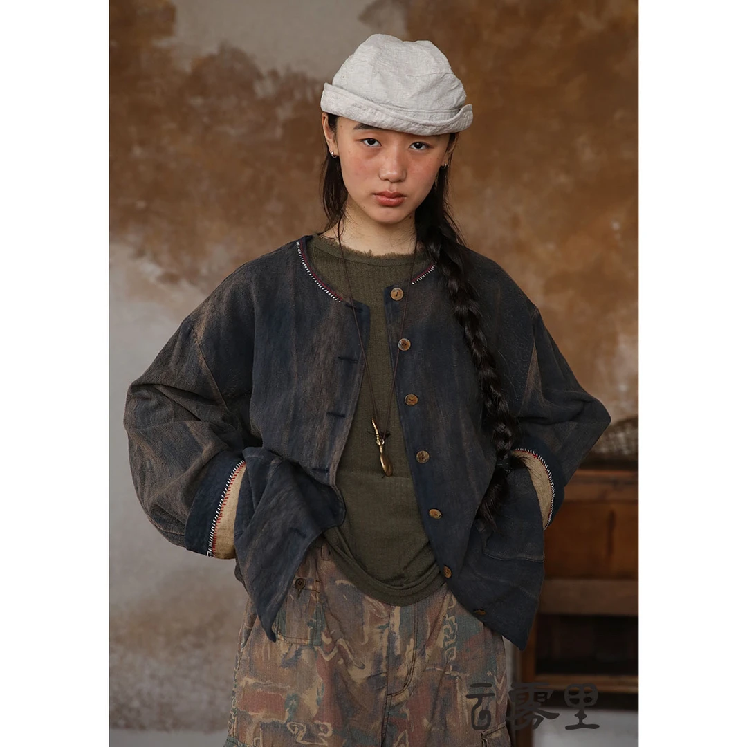 云雾里5202#原创设计复古文艺松弛感典雅恣意随性棉麻混纺短外套