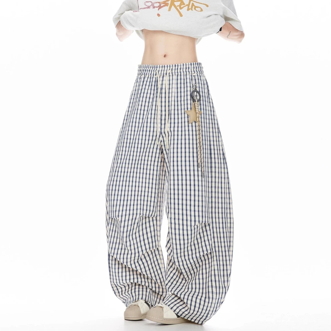 蓝色条纹格子星星挂饰弯刀休闲裤男女夏季薄款宽松情侣阔腿长裤子