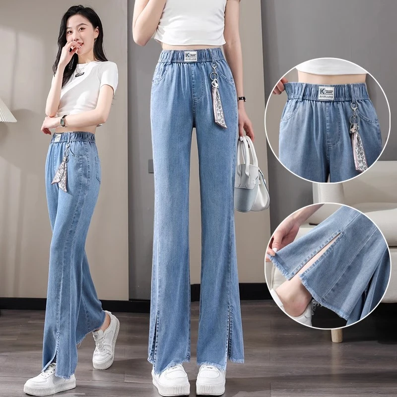 秋季新款开叉微喇天丝牛仔裤女宽松直筒裤蓝小个子黑色直筒牛仔裤