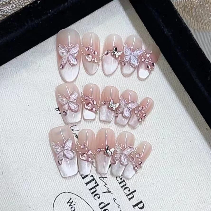 纯手工蝴蝶美甲贴高级轻奢中长镜月蝶穿戴甲片气质显白假指甲可拆