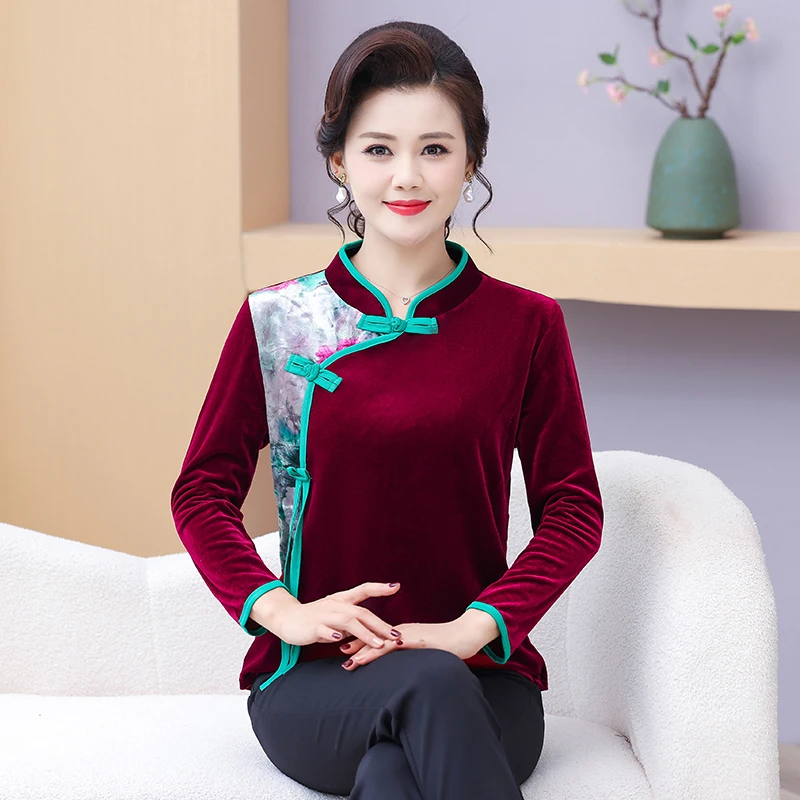 春秋妈妈打底衫金丝绒绣花长袖t恤中国风中老年女装唐装旗袍上衣