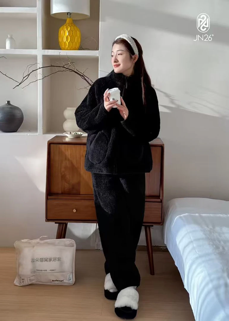 软奶系珊瑚绒套装新款加绒加厚宽松保暖家居服可外穿潮