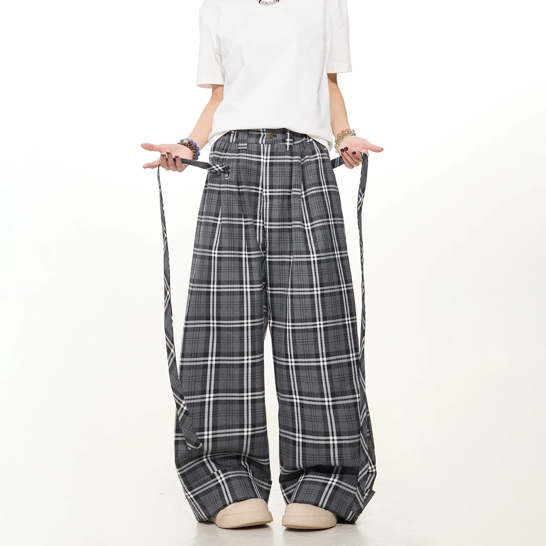 出前一町春夏季美式街头灰调格飘带松紧腰阔腿裤男女同款休闲长裤