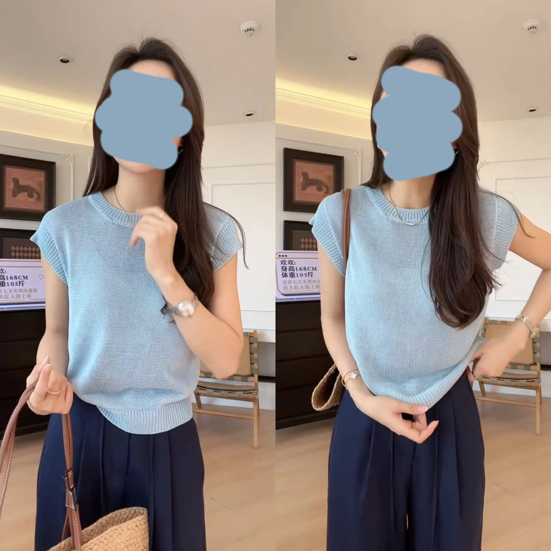 夏季休闲简约时尚百搭舒适针织衫女修身短袖多巴胺上衣无袖宽松