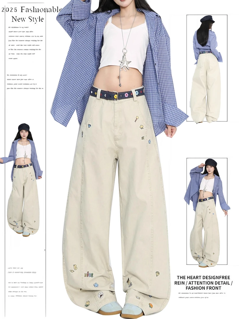 美式复古设计感卡通绣花阔腿休闲裤女2025秋季款宽松阔腿弯刀裤子