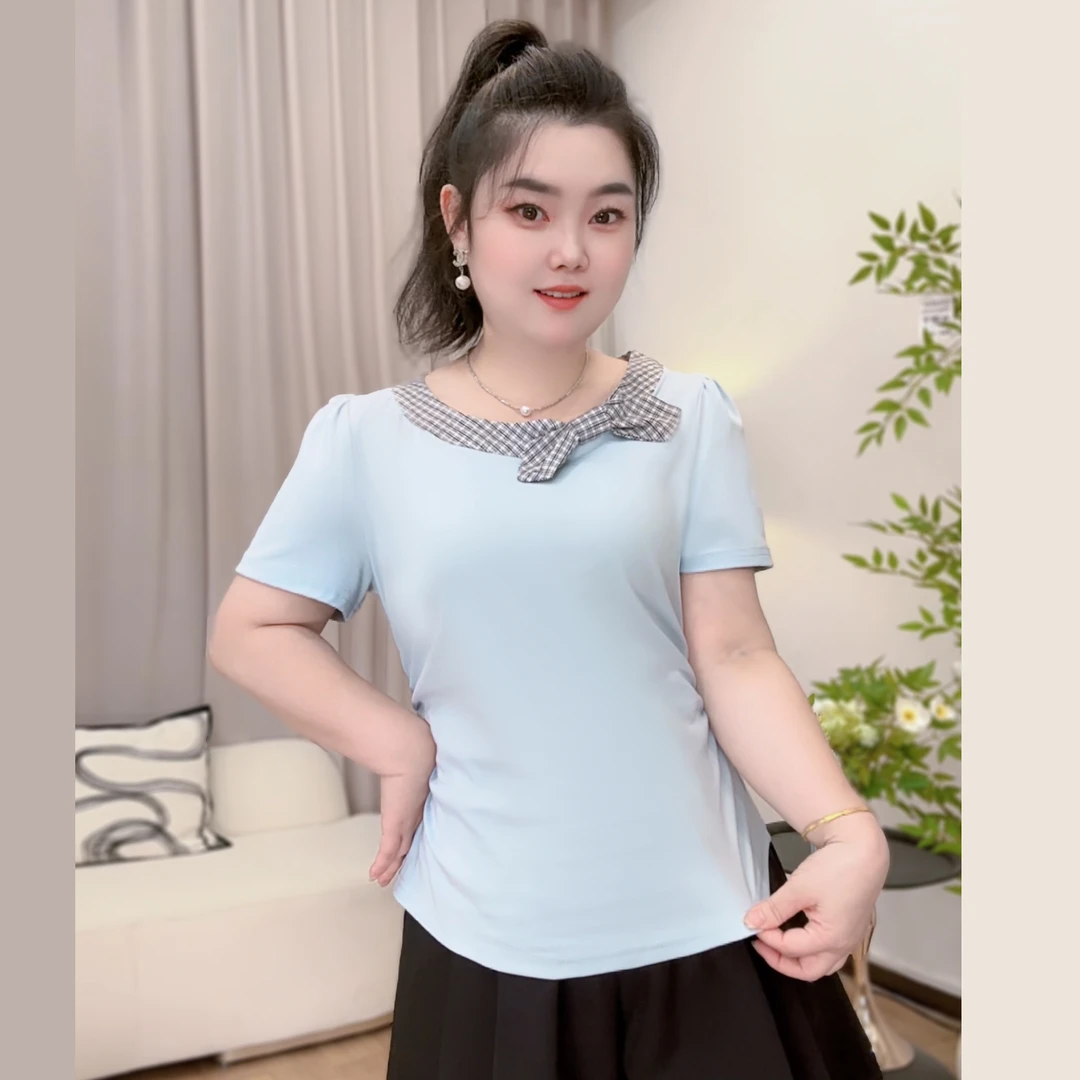2025夏装新款胖mm大码女优雅时尚拼接格子蝴蝶结弧形短袖T恤