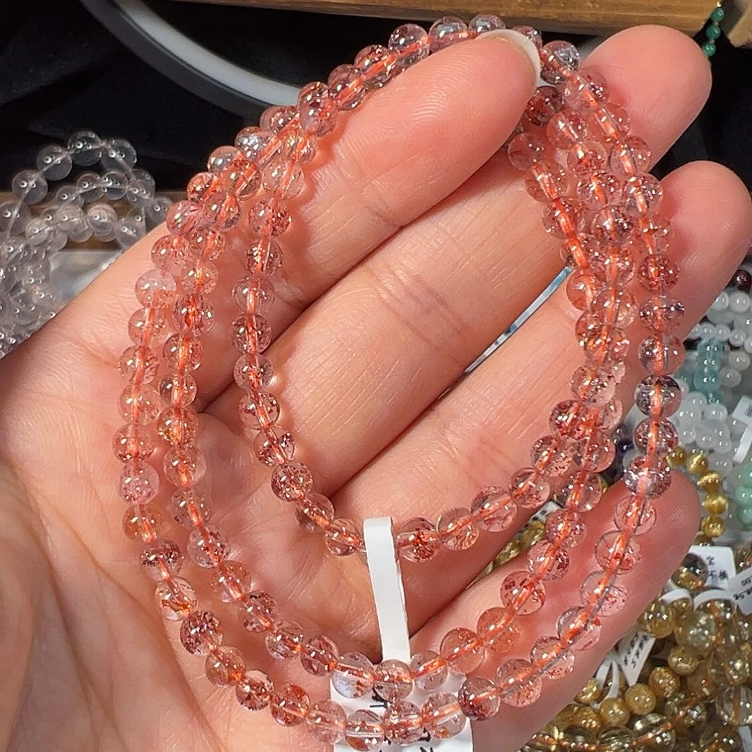 水晶手链未镶嵌巴西金草莓4.8mm芬达色透体三圈手串
