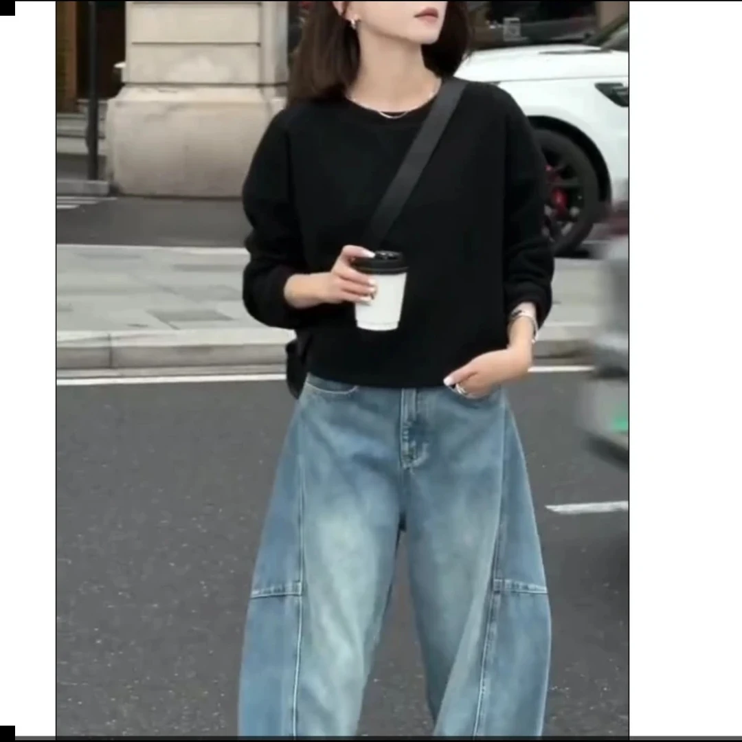 气质复古长袖圆领黑色卫衣女设计感打底上衣女装