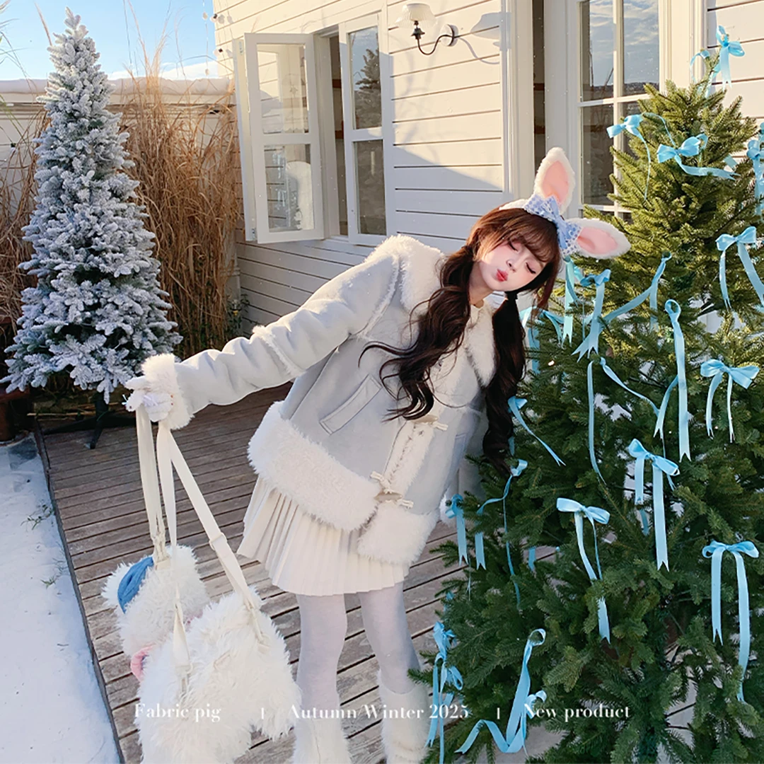 云絮奶蓝 织物猪原创 复古甜美风蓝色麂皮短外套女冬毛海军领上衣